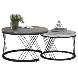 Btm Set Of 2 Round Coffee Tables With Marble Pattern Top & Metal Frame, End Table For Living Room, Bedroom, Office, White & Black - thumbnail 8