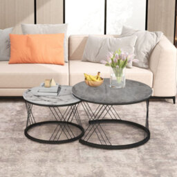 Btm Set Of 2 Round Coffee Tables With Marble Pattern Top & Metal Frame, End Table For Living Room, Bedroom, Office, White & Black - thumbnail 2