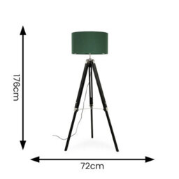 Valuelights Clipper Modern Black Wood And Silver Chrome Tripod Floor Lamp With Forest Green Drum Shade - thumbnail 6
