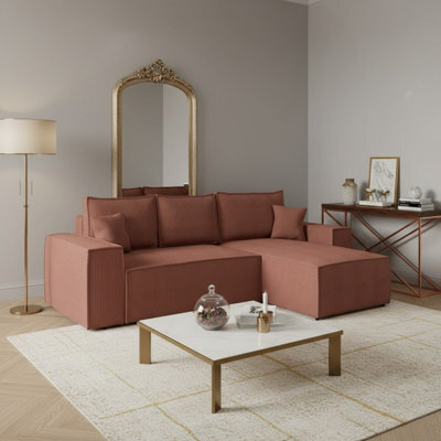 Malaga L Shaped Mdf Corner Sofa Bed With Storage And Pull Out Seat Loose Back Cushions Pink Corduroy Right - image 1