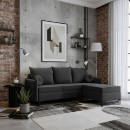 Leon L Mdf Upholstered Corner Sofa Bed With Dl Mechanism Bonell Spring Metal Legs Storage 213X168X101Cm Dark Grey Right
