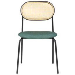 Wyld And Coco Set Of 2 Dining Chairs - Black Iron Frame, Green Fabric Seat, Viennese Braid Backrest - Stackable Retro Seating - thumbnail 1