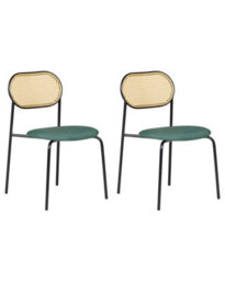 Wyld And Coco Set Of 2 Dining Chairs - Black Iron Frame, Green Fabric Seat, Viennese Braid Backrest - Stackable Retro Seating - thumbnail 3
