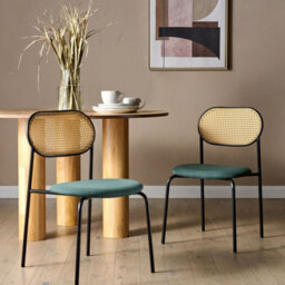 Wyld And Coco Set Of 2 Dining Chairs - Black Iron Frame, Green Fabric Seat, Viennese Braid Backrest - Stackable Retro Seating - thumbnail 2
