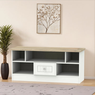 Ready Assembled White Oak Effect Media Unit With 2 Shelves, (H)49.5Cm X (W)112Cm X (D)40Cm - image 1