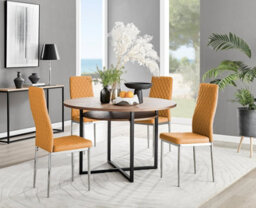Furniturebox Adley Brown Wood Effect And Black Round Dining Table With Storage Shelf And 4 Mustard And Silver Milan Modern Faux Leather Chairs