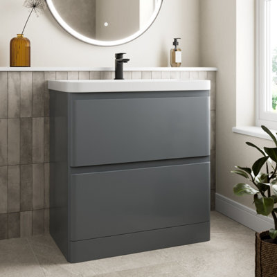 Affine Bathroom Cloakroom Vanity Unit Wash 800 Basin Base Cabinet Drawers Storage Grey - image 1