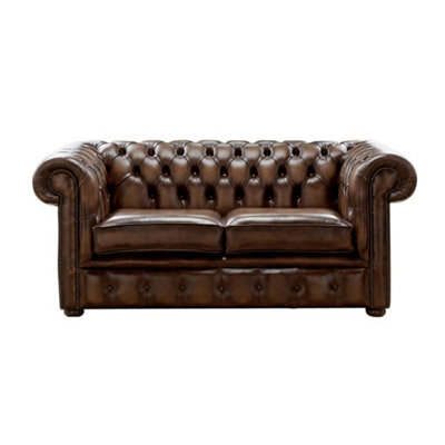 Chesterfield 2 Seater Antique Brown Leather Sofa Settee Bespoke In Classic Style - image 1