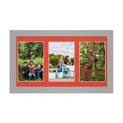 AK Frames 40X20Cm Light Grey Modern Multi Photo Frame With Poppy Red Mount - Holds 3 Apertures (3X) 6X4 Photos - image 1