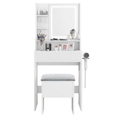 White Modern Dressing Table Set Led Mirror Vanity Desk Stool With Charging Station - image 1