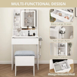 White Modern Dressing Table Set Led Mirror Vanity Desk Stool With Charging Station - thumbnail 4