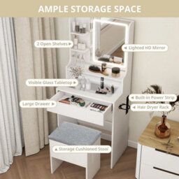 White Modern Dressing Table Set Led Mirror Vanity Desk Stool With Charging Station - thumbnail 5