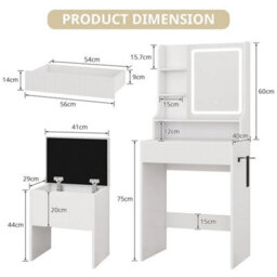 White Modern Dressing Table Set Led Mirror Vanity Desk Stool With Charging Station - thumbnail 2