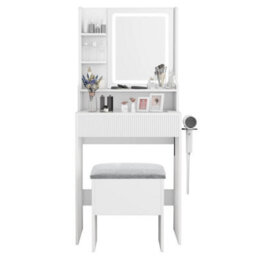 White Modern Dressing Table Set Led Mirror Vanity Desk Stool With Charging Station - thumbnail 1