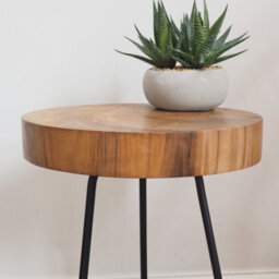 Industrial Natural Wood Side Table - Rustic Wood Coffee Table With Metal Legs - Small Round Wooden Side Table - thumbnail 3