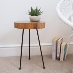 Industrial Natural Wood Side Table - Rustic Wood Coffee Table With Metal Legs - Small Round Wooden Side Table - thumbnail 4