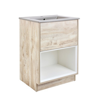 Homestylestore Light Oak 612mm Bathroom Vanity Unit Open Shelf And Pebble Basin - image 1