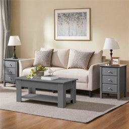 Yaheetech Grey 2-Piece 3-Drawer Wooden End Table Set With Metal Handles For Bedroom - thumbnail 1