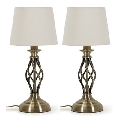 Valuelights Hanya Pair Of Antique Brass Twist Table Lamps With A Fabric Lampshade Bedroom Bedside Light - Bulbs Included - image 1