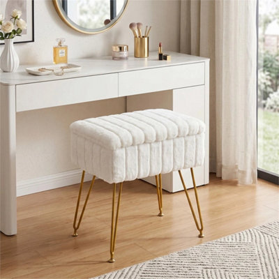 White Dressing Table Stool With Storage Ottoman Seat W/gold Metal Legs - image 1
