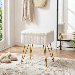 White Dressing Table Stool With Storage Ottoman Seat W/gold Metal Legs - thumbnail 3
