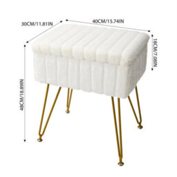 White Dressing Table Stool With Storage Ottoman Seat W/gold Metal Legs - thumbnail 2