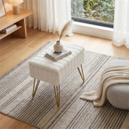 White Dressing Table Stool With Storage Ottoman Seat W/gold Metal Legs - thumbnail 4