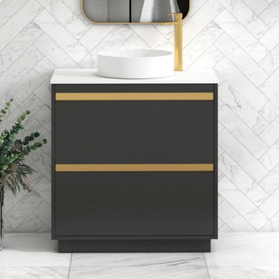 Royal Bathrooms Orion 800mm Matt Obsidian Black Floor Standing Vanity Unit 2 Drawer With Plain White Undrilled Worktop & Brushed Brass Accent Trim - image 1
