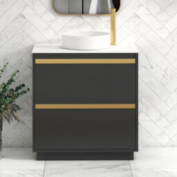 Royal Bathrooms Orion 800mm Matt Obsidian Black Floor Standing Vanity Unit 2 Drawer With Plain White Undrilled Worktop & Brushed Brass Accent Trim - thumbnail 2