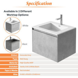 Plum&clay Rigel Concrete Grey Wall Hung Bathroom Vanity Unit With White Basin (W)600mm (H)450mm - thumbnail 6