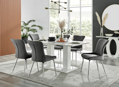 Furniturebox Imperia White High Gloss 6 Seater Dining Table With Structural 2 Plinth Column Legs 6 Dark Grey Velvet Silver Leg Nora Chairs - image 1