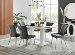 Furniturebox Imperia White High Gloss 6 Seater Dining Table With Structural 2 Plinth Column Legs 6 Dark Grey Velvet Silver Leg Nora Chairs - thumbnail 1