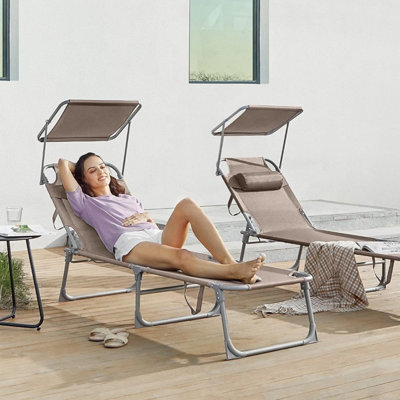 Songmics Reclining Sun Chair, Folding Deck Chair With Adjustable Backrest And Sunshade Headrest, Taupe - image 1
