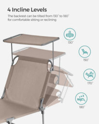 Songmics Reclining Sun Chair, Folding Deck Chair With Adjustable Backrest And Sunshade Headrest, Taupe - thumbnail 3