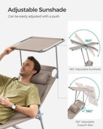 Songmics Reclining Sun Chair, Folding Deck Chair With Adjustable Backrest And Sunshade Headrest, Taupe - thumbnail 4