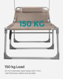 Songmics Reclining Sun Chair, Folding Deck Chair With Adjustable Backrest And Sunshade Headrest, Taupe - thumbnail 5