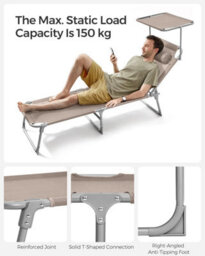 Songmics Reclining Sun Chair, Folding Deck Chair With Adjustable Backrest And Sunshade Headrest, Taupe - thumbnail 6
