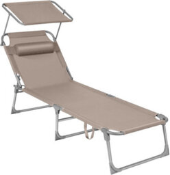 Songmics Reclining Sun Chair, Folding Deck Chair With Adjustable Backrest And Sunshade Headrest, Taupe - thumbnail 9