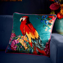 Laurence Llewelyn-Bowen Polly Amorous Parrot & Floral Print Soft Touch Teal Velvet Filled Cushion