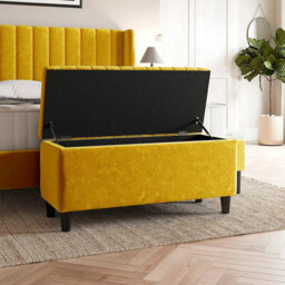 137Cm Lined Upholstered Ottoman Storage Box - Mustard Gold Plush Velvet Blanket Storage Box With Wooden Legs - thumbnail 2