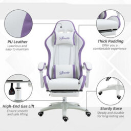 Vinsetto Racing Style Gaming Chair With Reclining Function, White And Purple - thumbnail 7