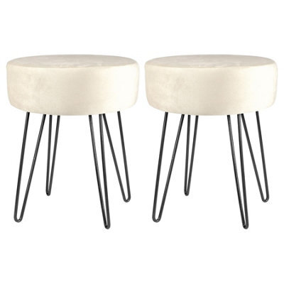 Harbour Housewares 2X Cream Velvet Footstools - Round Ottomans H40 X D35Cm - Black Base - image 1
