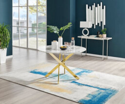 Furniturebox Novara 120Cm 4-6 Seater White Marble Effect Round Wooden Dining Table With Gold Chrome Legs