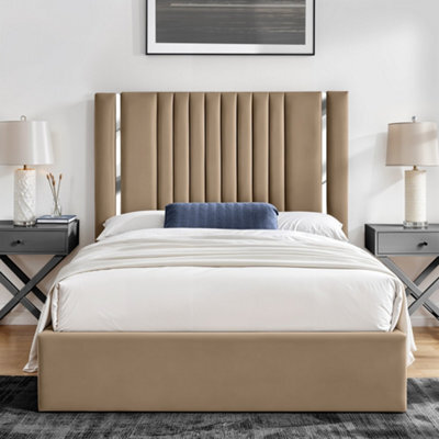 UKBEDFURNITURE Valencia Beige Plush Valvet Upholstered Bed Frame - Slatted Base With 10 Inch Orthopedic Mattress - 48 Inch Headboard - image 1