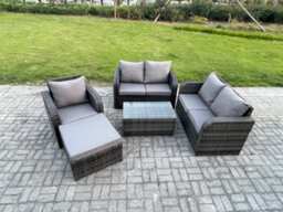 Fimous Rattan Garden Furniture Set With Loveseat Sofa Rectangular Coffee Table Big Footstool Indoor Outdoor Patio Lounge Sofa Set - thumbnail 2