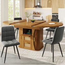 Btm Extendable Dining Table With Rattan Drawers, 118 158Cm, Mdf Wood Look, Blackandnaturalandbrown, Storage Table - thumbnail 2