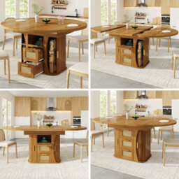 Btm Extendable Dining Table With Rattan Drawers, 118 158Cm, Mdf Wood Look, Blackandnaturalandbrown, Storage Table - thumbnail 1