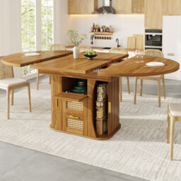 Btm Extendable Dining Table With Rattan Drawers, 118 158Cm, Mdf Wood Look, Blackandnaturalandbrown, Storage Table - thumbnail 5