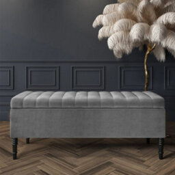 90Cm Paris Striped Ottoman Storage Bench- Plush Velvet Shoe Bench - Grey Upholstery Footstool With Storage - thumbnail 1