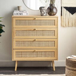 Beliani Light Brown 4-Drawer Chest With Rattan Fronts, Compact Boho Sideboard - thumbnail 2